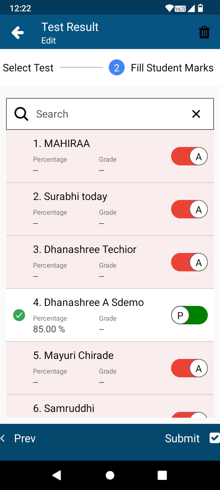 Student Test Result entry