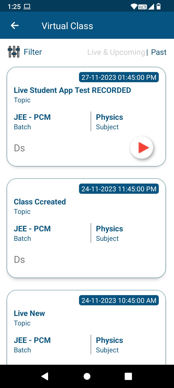 Virtual Class Past classes list